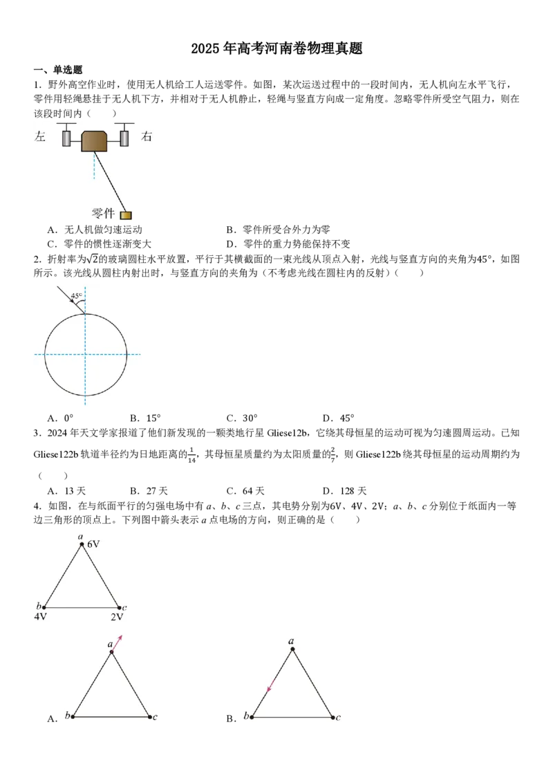 河南物理-试题_1.高考2025全国各省真题+答案_00.2025各省市高考真题及答案（按省份分类）_12、河南卷（9科全）_物理