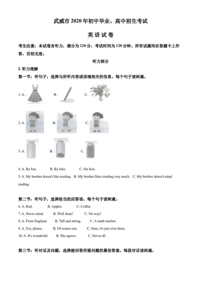 精品解析：甘肃省武威市2020年中考英语试题（解析版）_中考真题_3.英语中考真题2015-2024年_2020全国多省多地中考英语真题145份_2020年中考真题精品解析英语（甘肃武威卷）精编word版