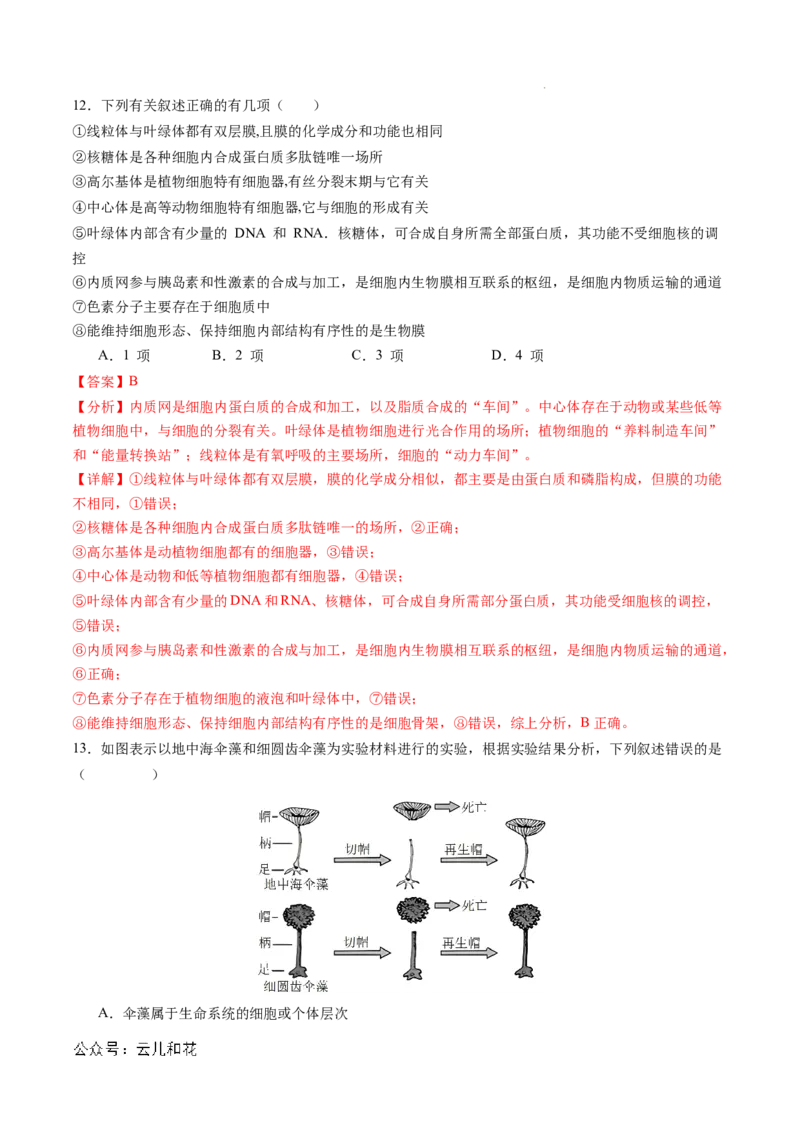 高一生物期中模拟卷02（全解全析）（新高考通用）_1多考区联考试卷_1014高一期中模拟卷（新高考通用）黄金卷：2024-2025学年高一上学期期中模拟考试