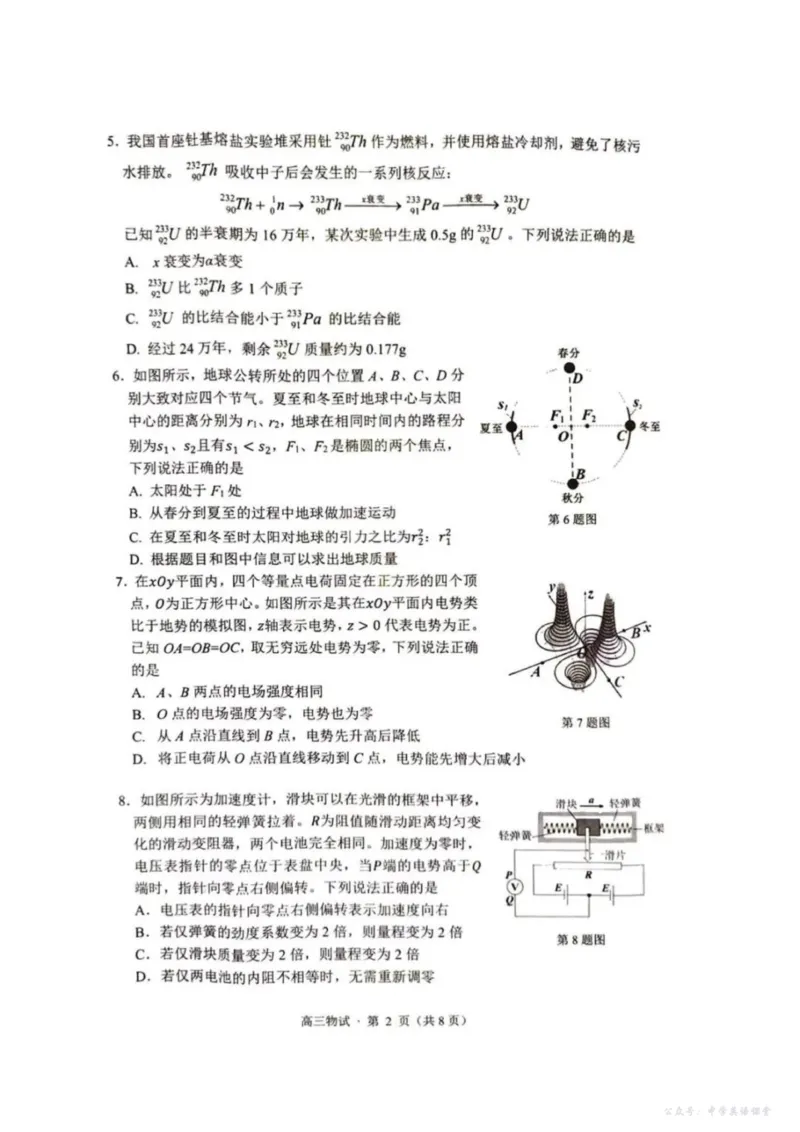 2025届浙江省杭州市高三二模教学质量检测物理试题（含答案）_2025年4月_2504072024学年第二学期杭州市高三年级教学质量检测（杭州二模）