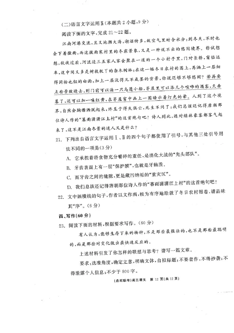 2025届辽宁省点石联考高三下学期3月联合考试语文试卷_2025年3月_250304辽宁省点石联考2025届高三年级3月份联合考试_辽宁省点石联考2025届高三年级3月份联合考试语文试题（含答案）