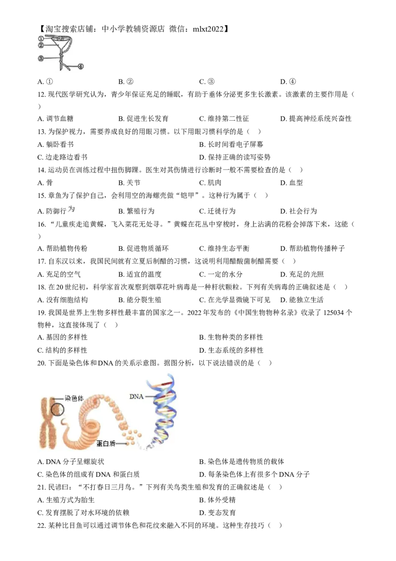 精品解析：2024年湖南省中考生物真题（原卷版）_中考真题_8.生物中考真题2015-2024年_2024年中考生物真题_精品解析：2024年湖南省中考生物真题