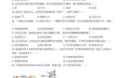 精品解析：2024年湖南省中考生物真题（原卷版）_中考真题_8.生物中考真题2015-2024年_2024年中考生物真题_精品解析：2024年湖南省中考生物真题