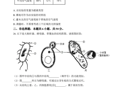 精品解析：2024年湖南省中考生物真题（原卷版）_中考真题_8.生物中考真题2015-2024年_2024年中考生物真题_精品解析：2024年湖南省中考生物真题