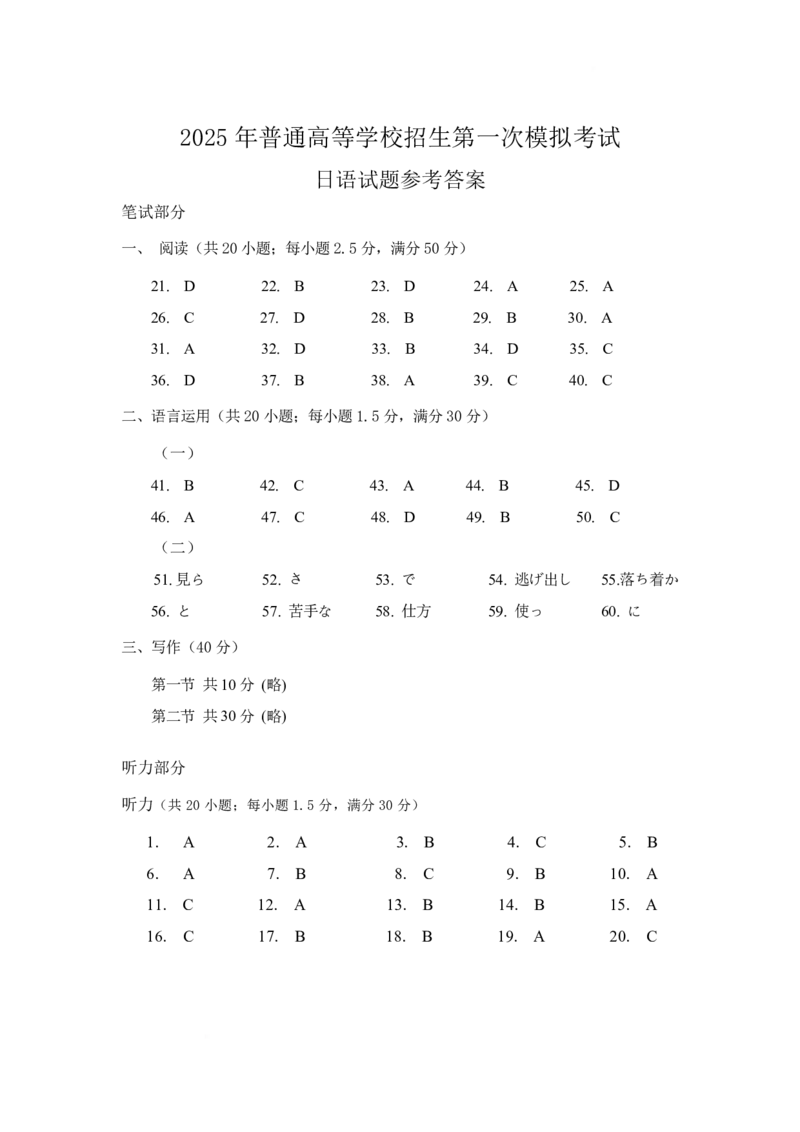 2025年呼和浩特市高三一模日语答案_2025年3月_250313内蒙古自治区呼和浩特市2025届高三第一次模拟考试（呼和浩特一模）