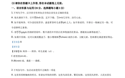 精品解析：湖南省怀化市2019年中考语文试题（解析版）_中考真题_1.语文中考真题2015-2024年_2019年全国中考语文154份_2019年全国中考YuWen154份