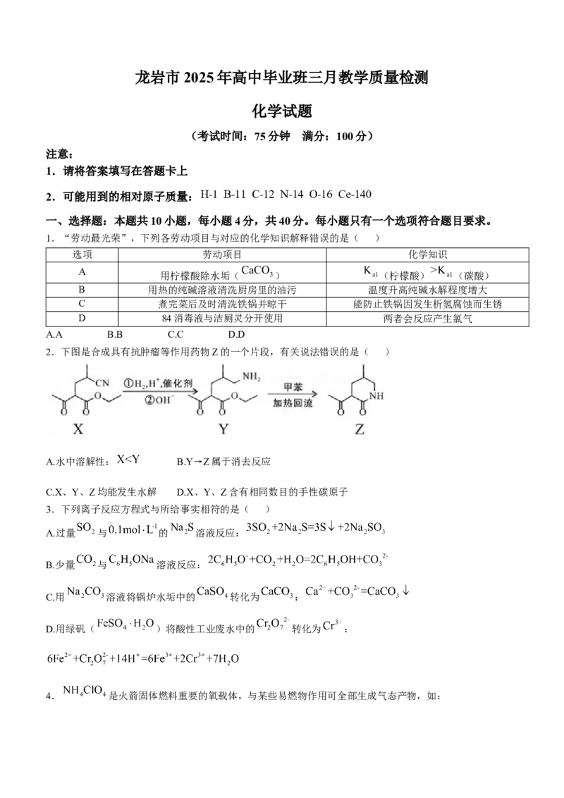 2025届福建省龙岩市高三下学期3月教学质量检测（一模）化学试题（含答案）_2025年3月_250310福建省龙岩市2025届高三下学期3月教学质量检测（全科）