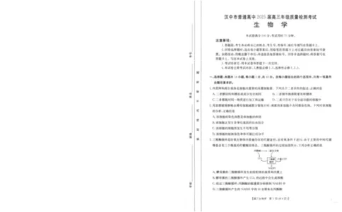 2025届陕西省汉中市高三下学期质量检测考试（二模）生物试题_2025年4月_2504062025届陕西省汉中市高三下学期质量检测考试（二模）（全科）