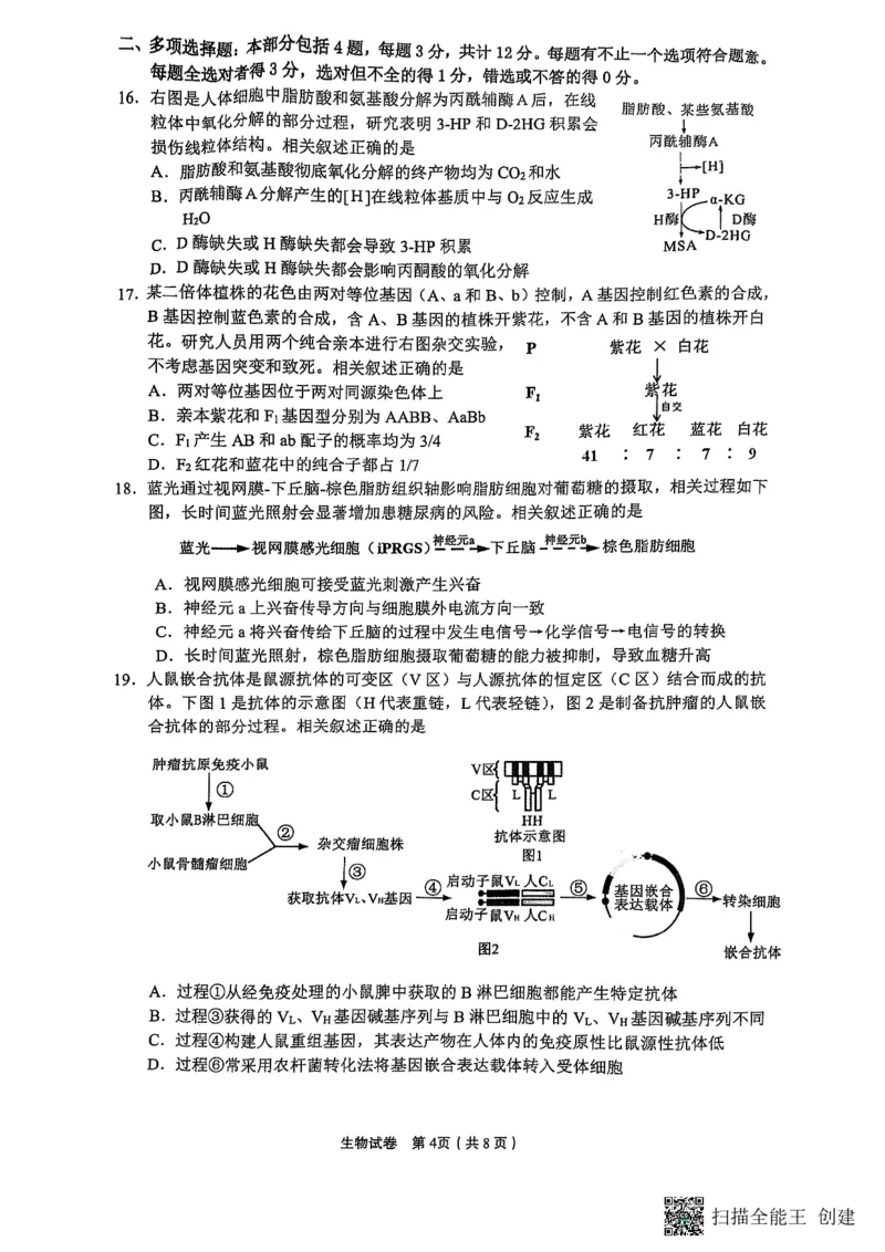 2025届江苏省高品质高中高三下学期5月调研测试生物试卷_2025年5月_05192025届江苏省高品质高中高三下学期5月调研测试_2025届江苏省高品质高中高三下学期5月调研测试生物试卷