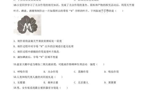 精品解析：云南省2020年中考生物试题（原卷版）_中考真题_8.生物中考真题2015-2024年_2020生物真题74份_2020年中考真题精品解析生物（云南卷）精编word版