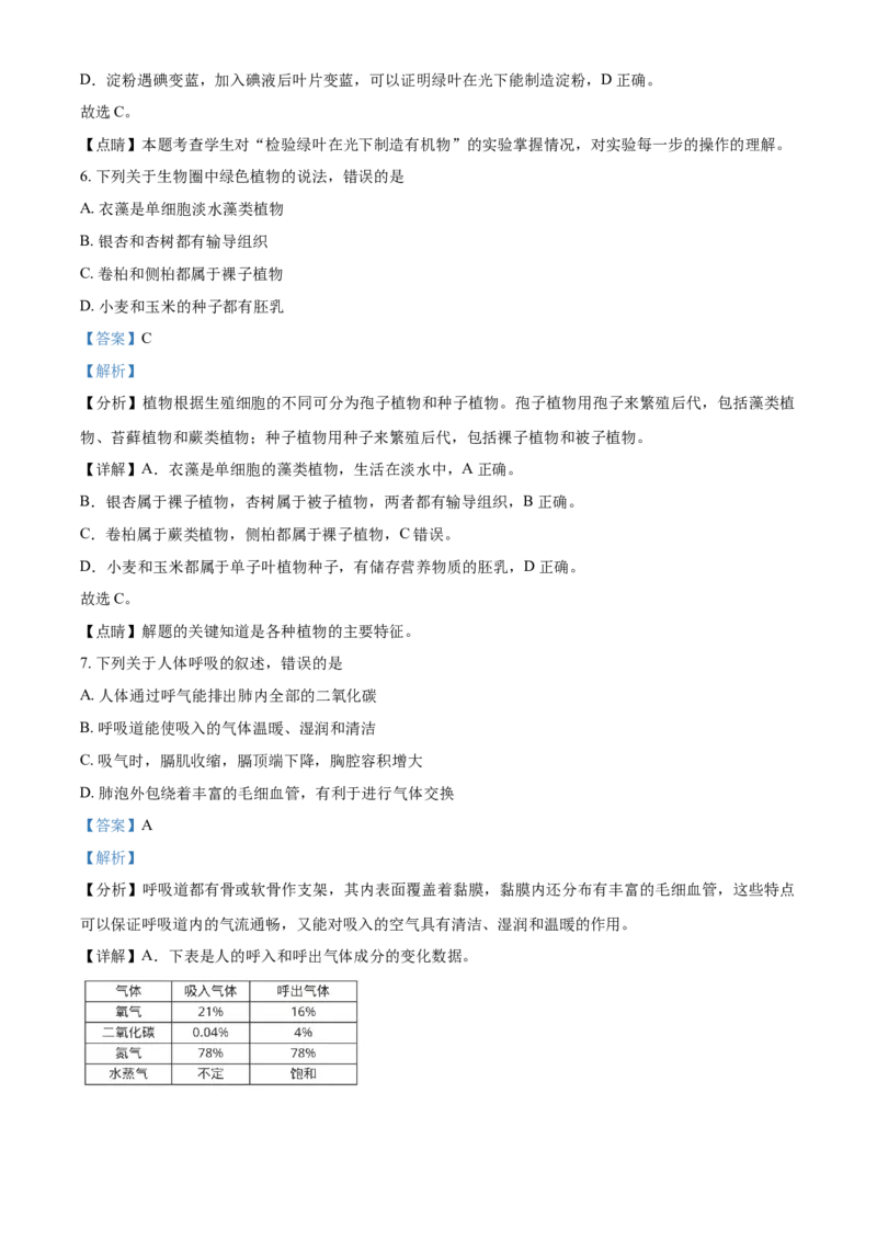 精品解析：山东省淄博市2021年中考生物试题（解析版）_中考真题_8.生物中考真题2015-2024年_2021中考生物真题64份_2021山东省_精品解析：山东省淄博市2021年中考生物试题