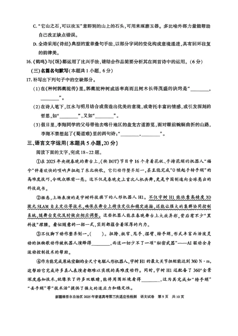 2025届新疆维吾尔自治区高三三模语文试题_2025年4月_2504092025届新疆维吾尔自治区高三下学期第三次适应性检测（全科）_2025届新疆维吾尔自治区高三下学期第三次适应性检测语文试题