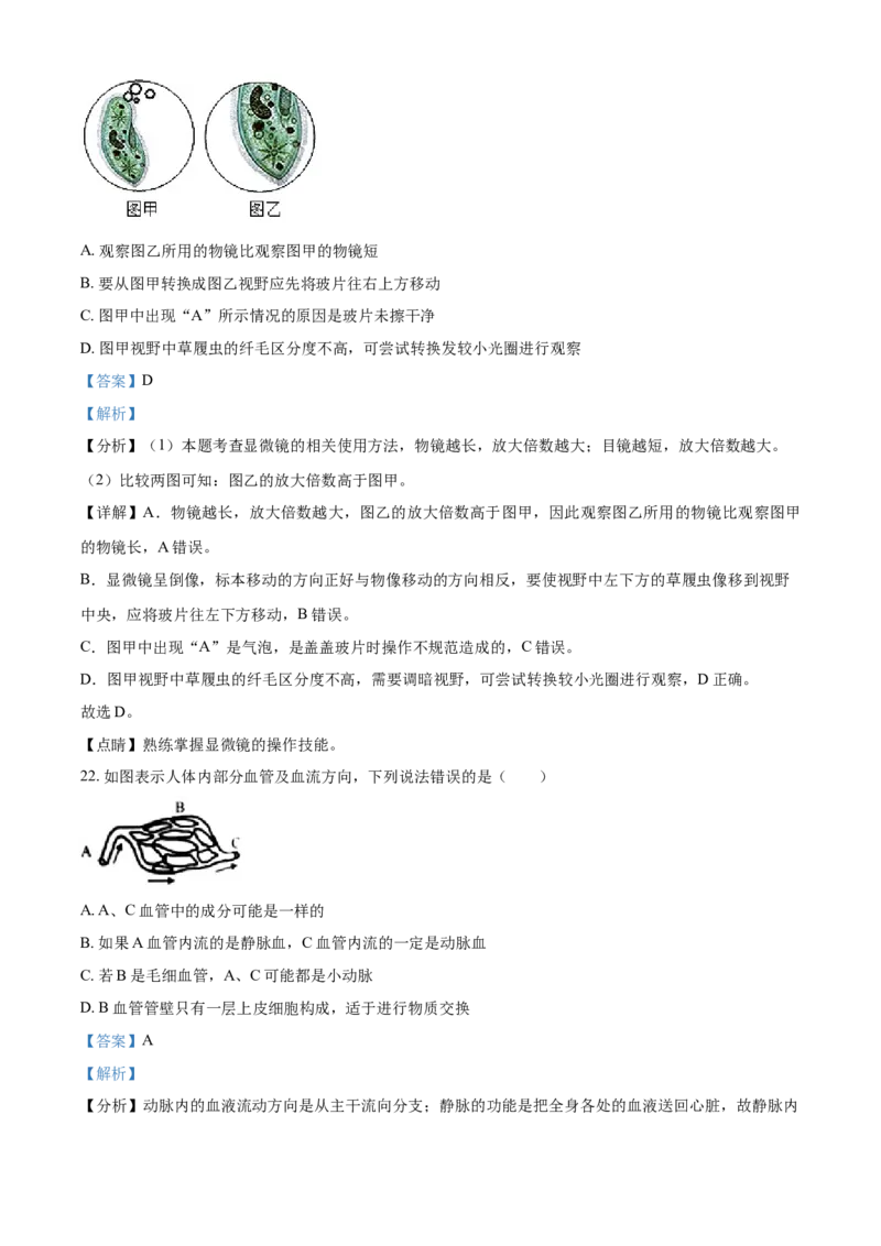精品解析：湖南省湘潭市2021年中考生物试题（解析版）_中考真题_8.生物中考真题2015-2024年_2021中考生物真题64份_2021湖南省_精品解析：湖南省湘潭市2021年中考生物试题