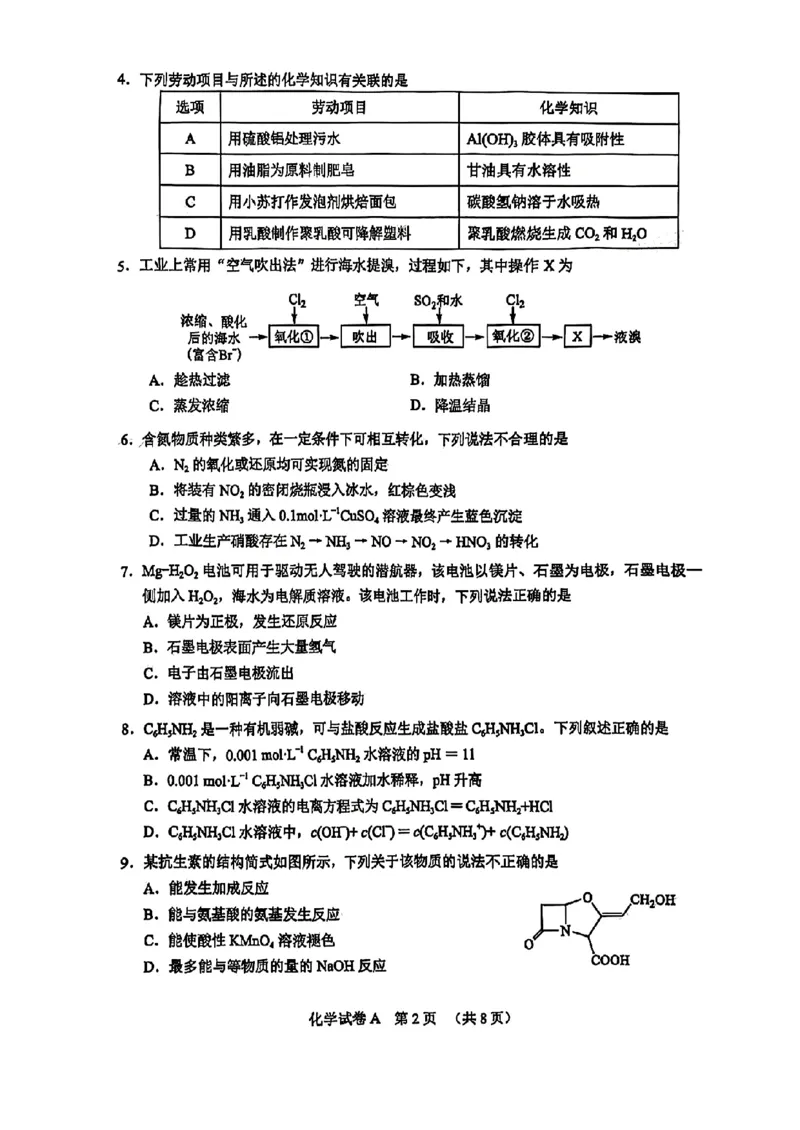 化学试题卷_2025年3月_2503192025年广州市普通高中毕业班综合测试（一）（全科）_2025年广州市普通高中毕业班综合测试（一）化学