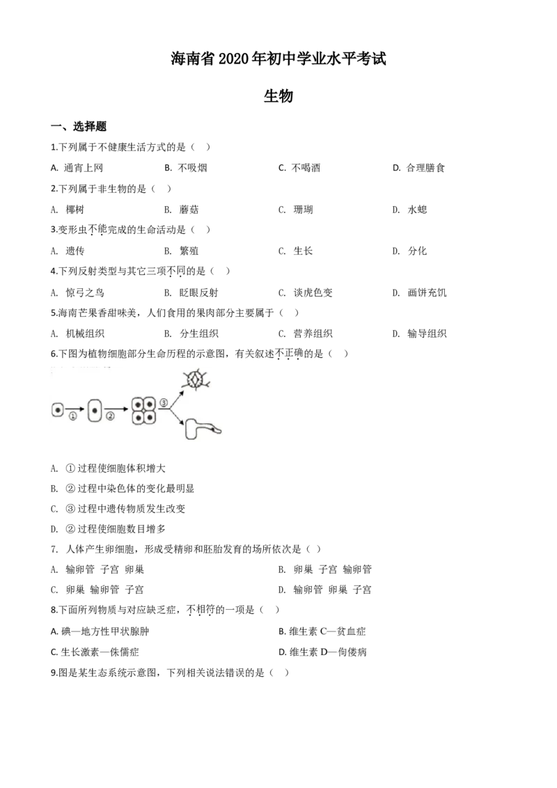 精品解析：海南省2020年中考生物试题（原卷版）_中考真题_8.生物中考真题2015-2024年_2020生物真题74份_2020年中考真题精品解析生物（海南卷）精编word版