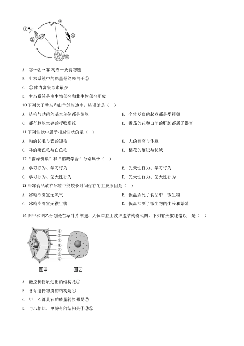 精品解析：海南省2020年中考生物试题（原卷版）_中考真题_8.生物中考真题2015-2024年_2020生物真题74份_2020年中考真题精品解析生物（海南卷）精编word版
