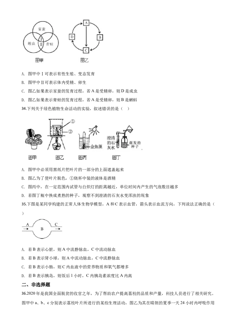 精品解析：海南省2020年中考生物试题（原卷版）_中考真题_8.生物中考真题2015-2024年_2020生物真题74份_2020年中考真题精品解析生物（海南卷）精编word版
