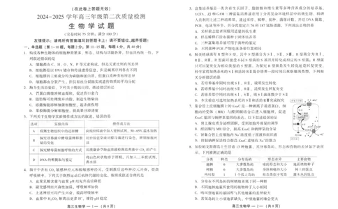 25年福州高三二检生物试卷_2025年2月_250209福州市2024-2025学年高三第二次质量检测（全科）_生物