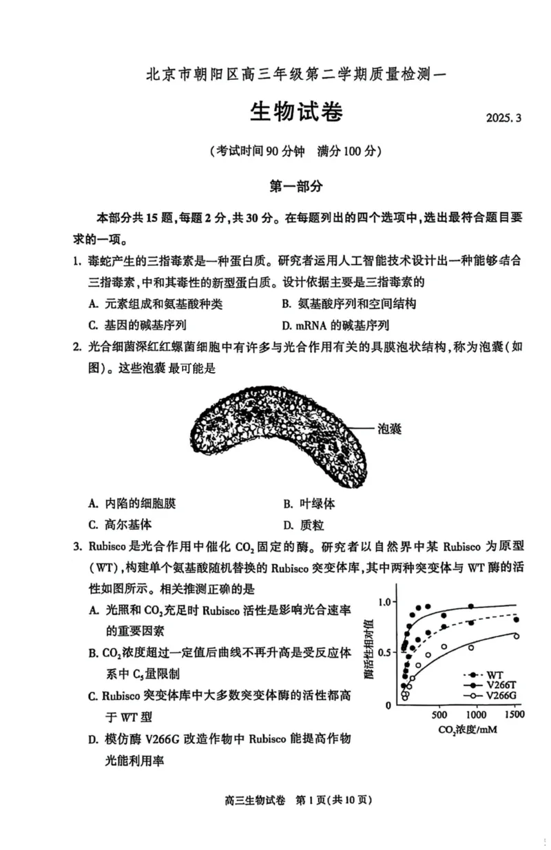 北京市朝阳区2025届高三年级第二学期3月质量检测一生物_2025年3月_250330北京市朝阳区2025届高三年级第二学期3月质量检测一（一模）（全科）