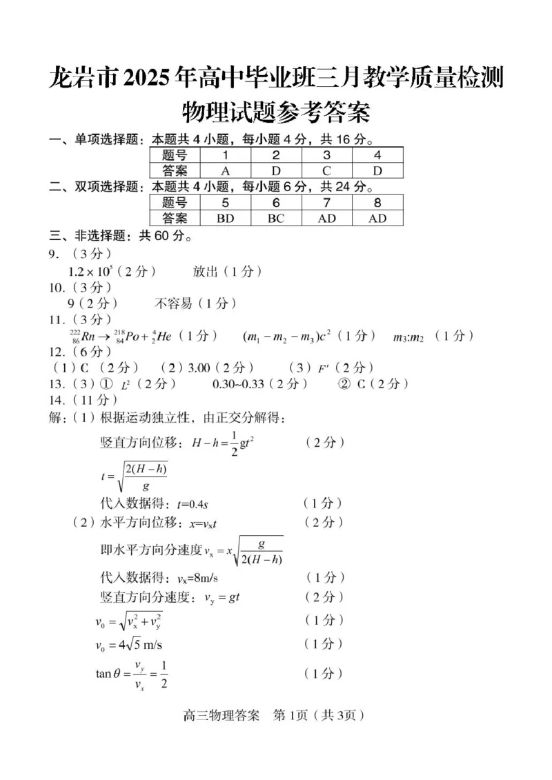 2025届福建省龙岩市高三下学期3月一模物理试题含答案答案_2025年3月_250310福建省龙岩市2025届高三下学期3月教学质量检测（全科）
