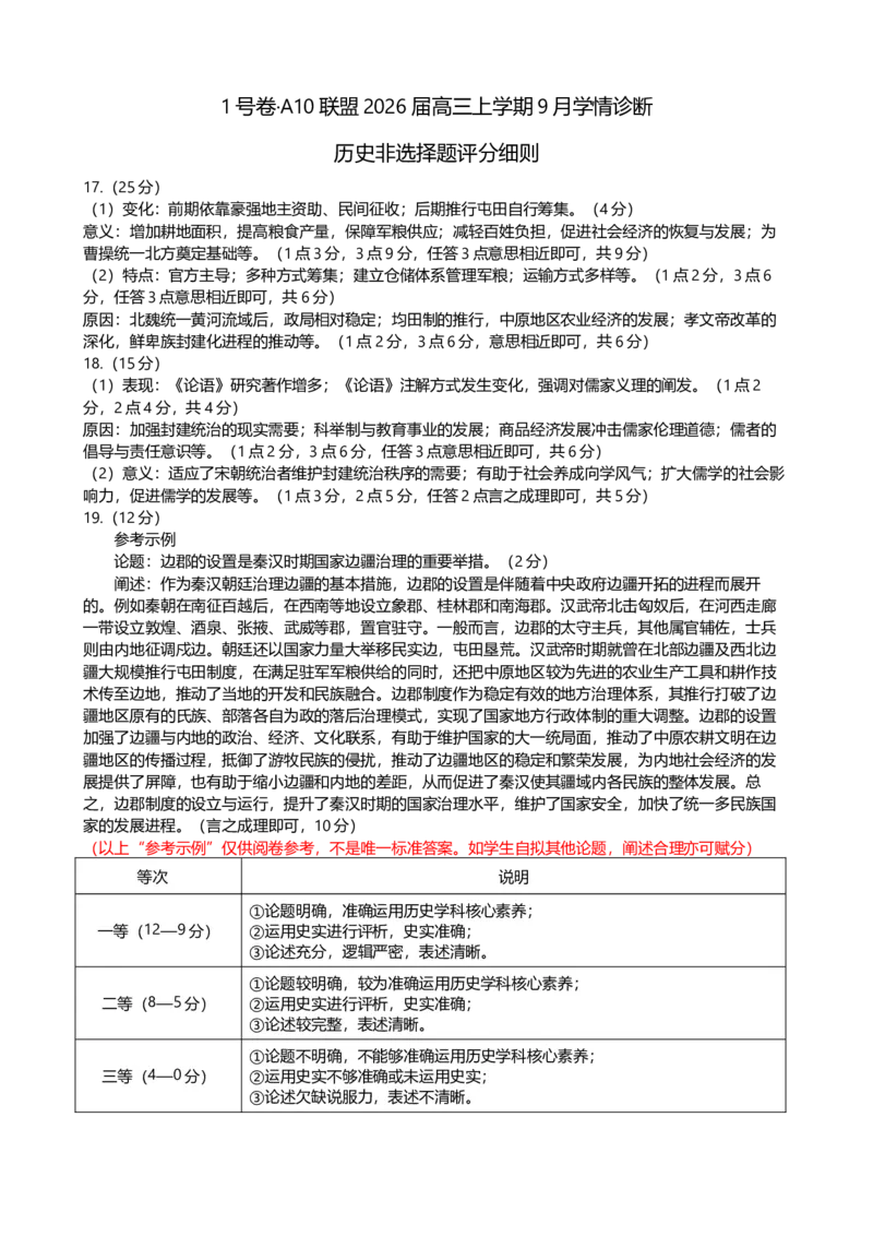 1号卷&middot;A10联盟2026届高三上学期9月学情诊断历史非选择题评分细则_2025年9月_250926安徽省1号卷&middot;A10联盟2026届高三上学期9月学情诊断（全科）