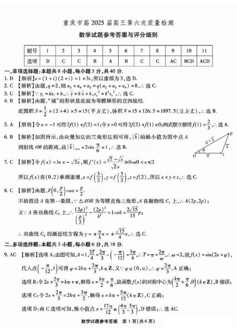 2025届重庆市南开中学高三下学期2月第六次质量检测数学+答案_2025年2月_250218重庆市南开中学2025届高三第六次质量检测（全科）