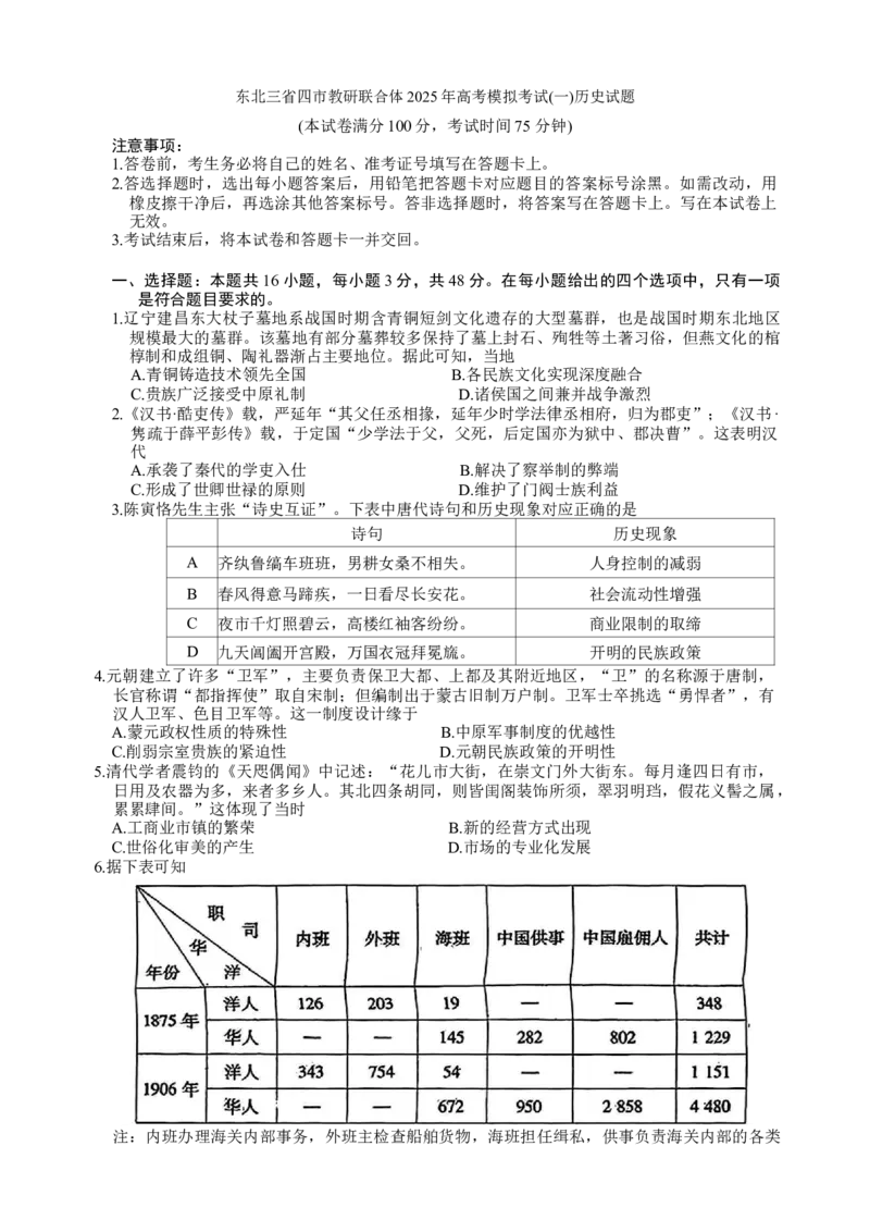 东北三省四市教研联合体2025届高三模拟考试（一）历史试题（含答案）_2025年4月_2504112025年东北三省四市教研联合体高考模拟考试(一)（全科）