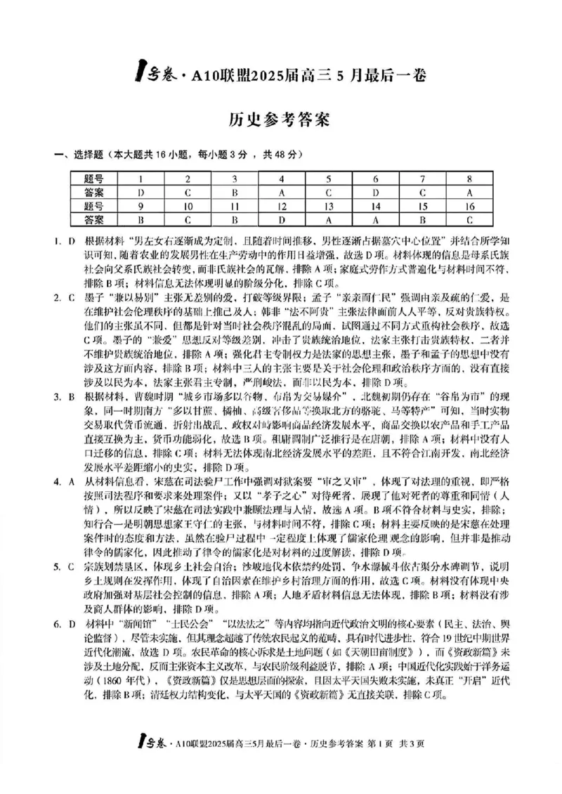 1号卷&middot;A10联盟2025届高三5月最后一卷历史答案_2025年5月_250519安徽省1号卷&middot;A10联盟2025届高三5月最后一卷（全科）