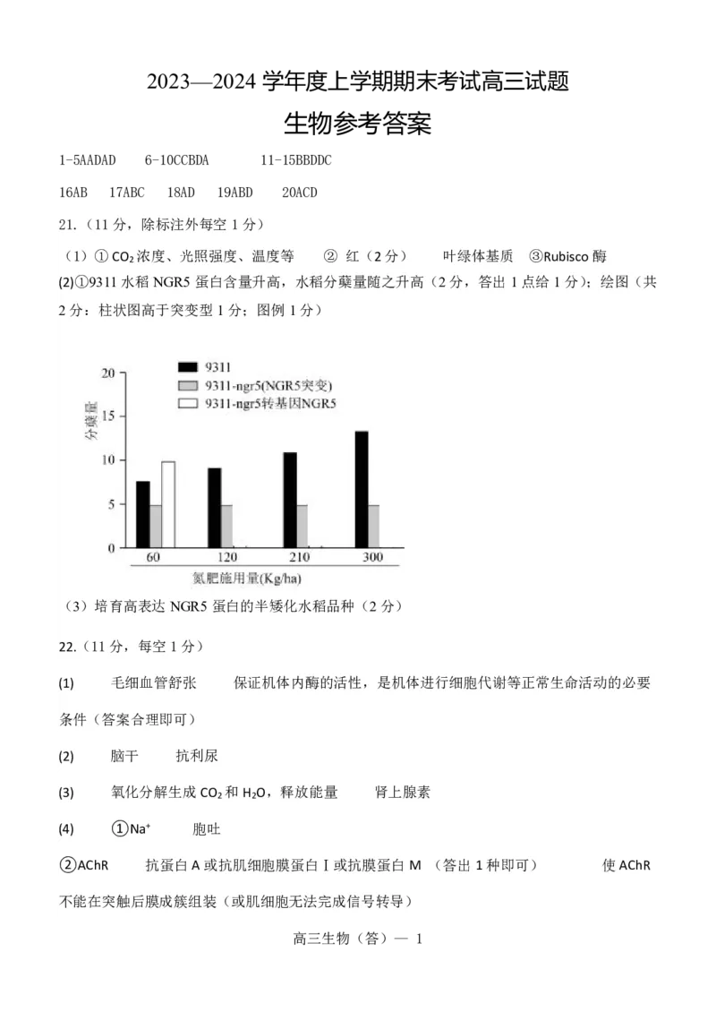 辽宁省部分高中2023-2024学年高三上学期期末考试生物试题答案_2024届辽宁省协作校高三上学期1月期末联考_辽宁省协作校2024届高三上学期1月期末联考生物