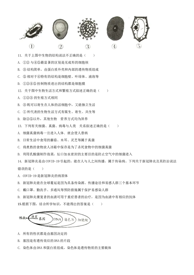 精品解析：四川省南充市2020年中考生物试题（原卷版）_中考真题_8.生物中考真题2015-2024年_2020生物真题74份_2020年中考真题精品解析生物（四川南充卷）精编word版