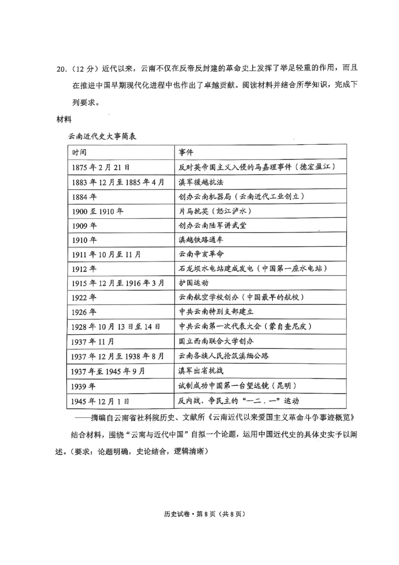 云南省大理州2025届高中毕业生第二次复习统一检测历史_2025年1月_250123云南省大理州2025届高中毕业生第二次复习统一检测试卷（全科）