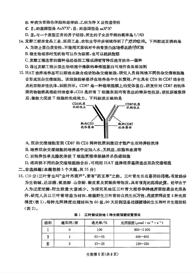 2025届四川省高三第二次教学质量联合测评生物试题_2025年5月_250514四川高三第二次教学质量联合测评