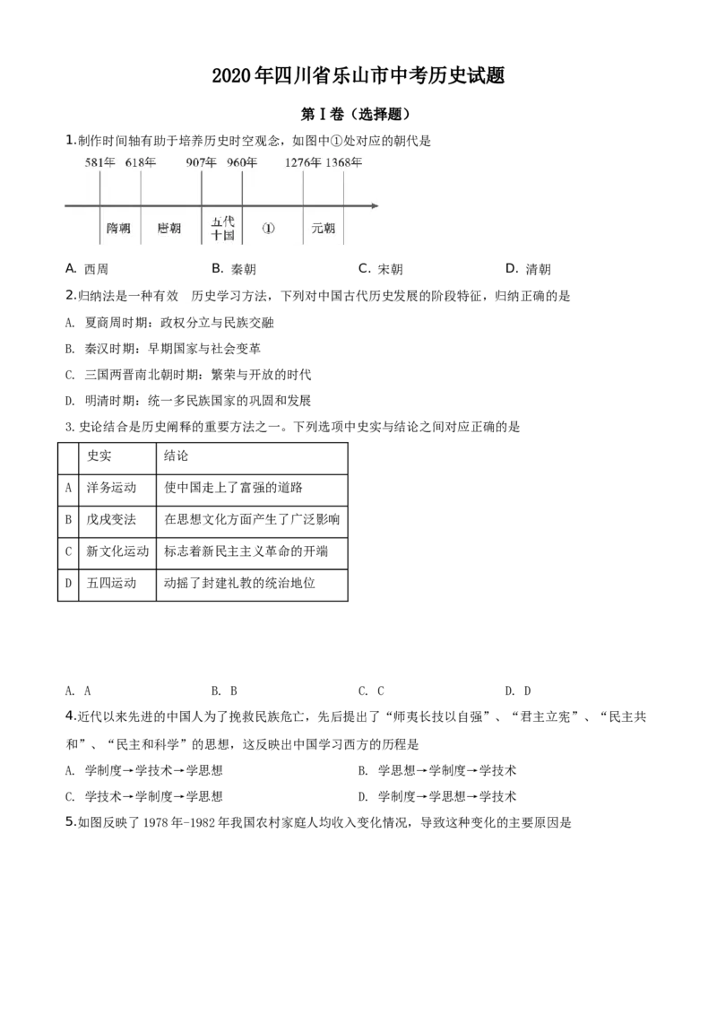精品解析：四川省乐山市2020年中考历史试题（原卷版）_中考真题_6.历史中考真题2015-2024年_地区卷_乐山历史（17-21）