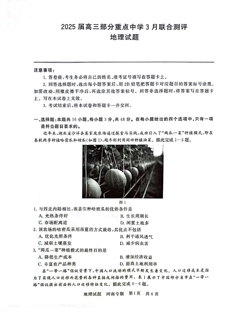 2025届高三部分重点中学3月联合测评(T8联考)地理试卷（河南版，含答案）_2025年3月_2503282025届八省八校高三部分重点中学3月联合测评（T8联考）（全科）