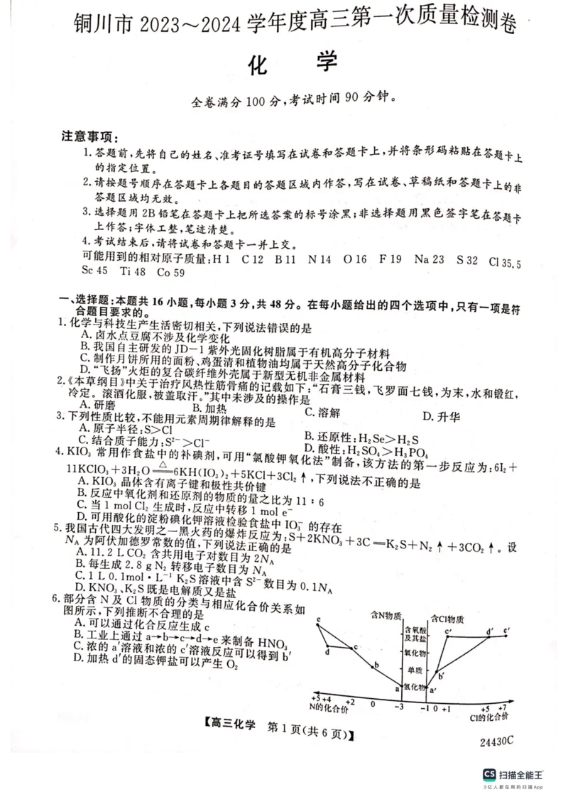 铜川市2023&mdash;2024学年度高三第一次模拟考试化学_2024届陕西省铜川市高三上学期第一次模拟考试_陕西省铜川市2024届高三上学期第一次模拟考试化学