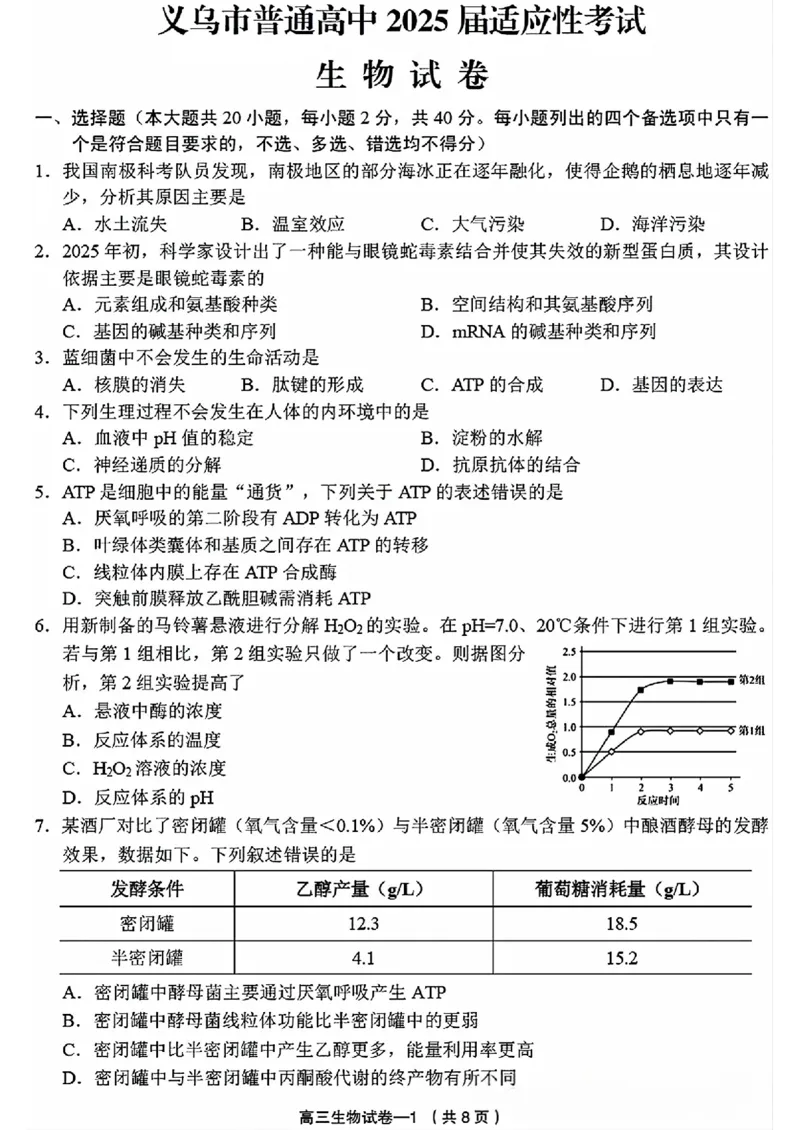 2025年金华市义乌市高三三模-生物试卷_2025年5月_2505142025年金华市义乌市高三三模适应性考试（全科）_2025年金华市义乌市高三三模适应性考试生物