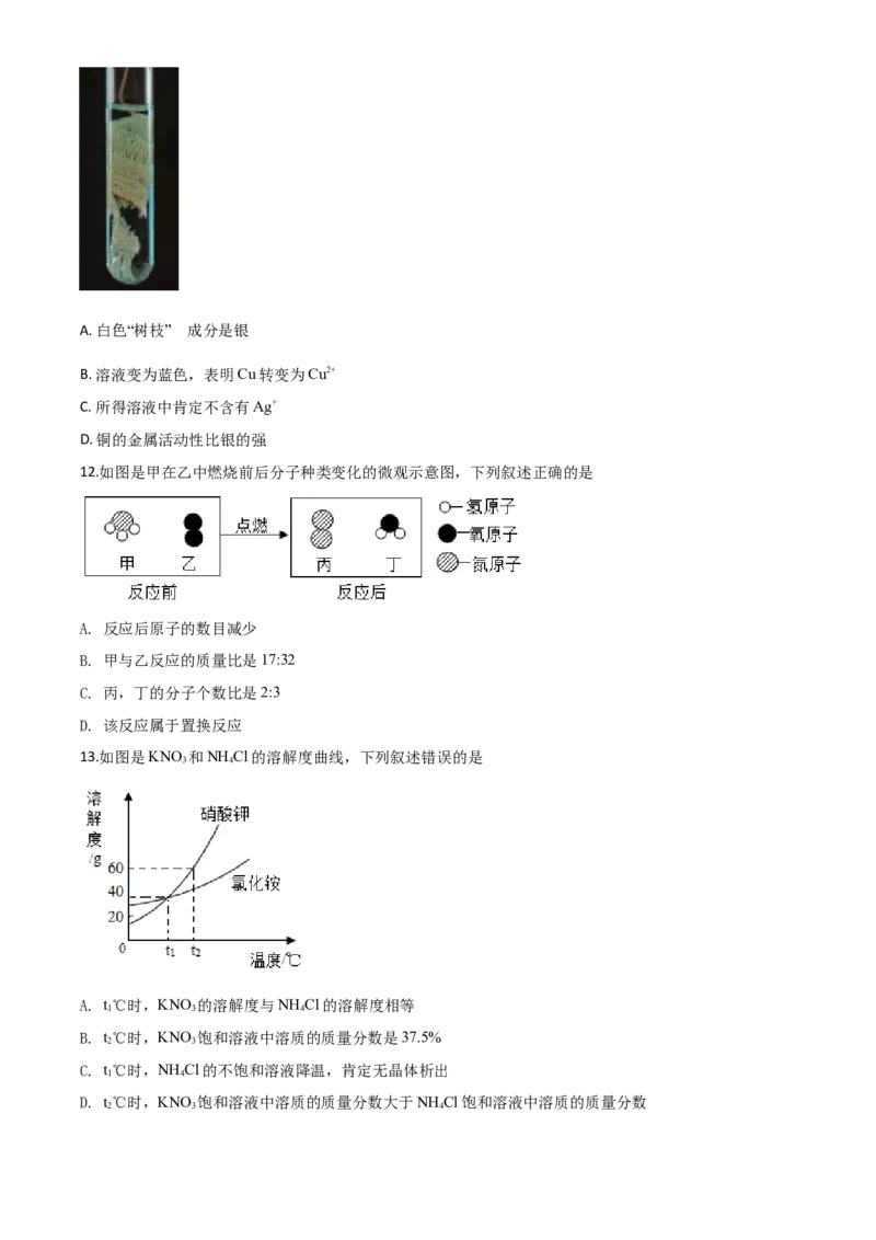 精品解析：江苏省无锡市2020年中考化学试题（原卷版）_中考真题_5.化学中考真题2015-2024年_2020中考化学真题（113份）_2020年中考真题精品解析化学（江苏无锡卷）精编word版