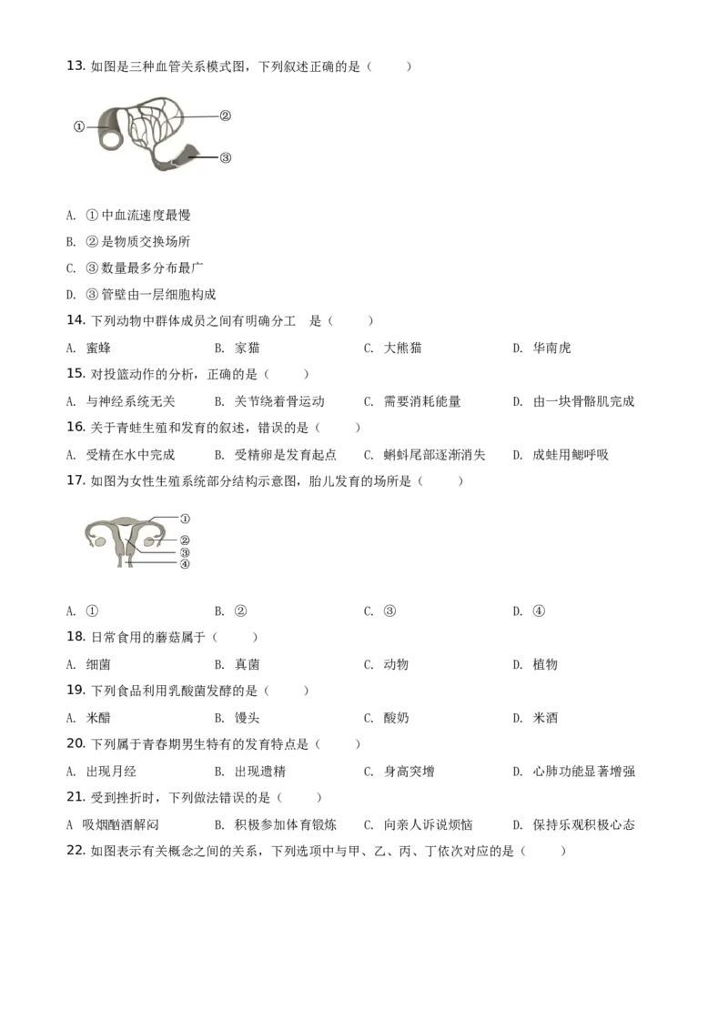 精品解析：福建省2019年中考生物试题（原卷版）_中考真题_8.生物中考真题2015-2024年_地区卷_福建省_福建中考生物2022