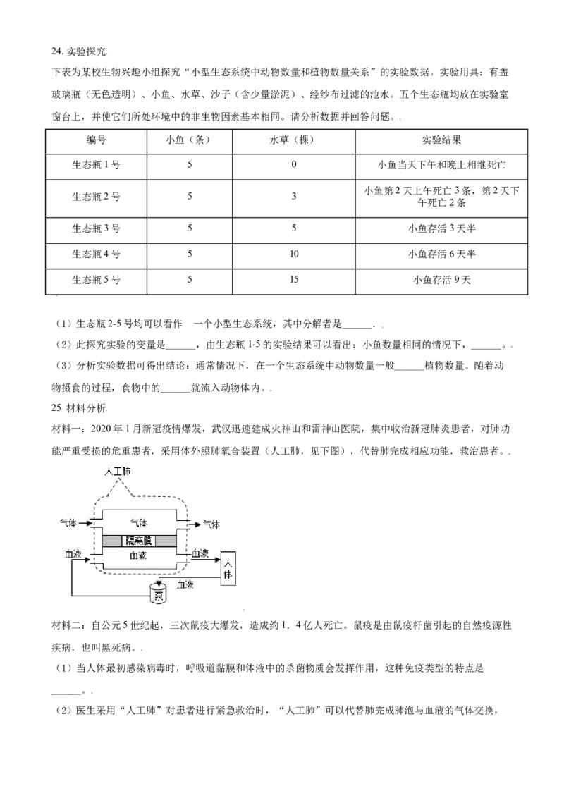 精品解析：内蒙古鄂尔多斯市2021年中考生物试题（原卷版）_中考真题_8.生物中考真题2015-2024年_2021中考生物真题64份_2021内蒙古_精品解析：内蒙古鄂尔多斯市2021年中考生物试题