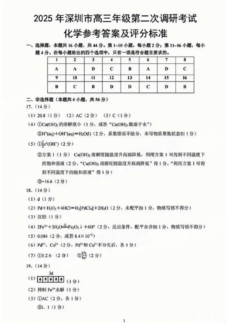 6化学答案_2025年4月_250426广东省2025年深圳市高三年级第二次调研考试（深圳二模）（全科）_2025年深圳市高三年级第二次调研考试化学