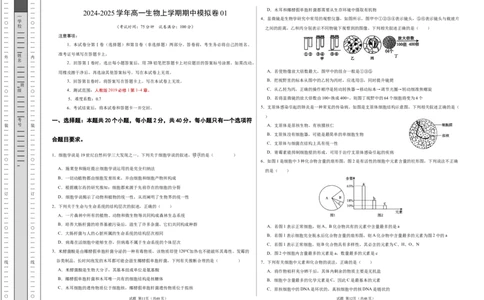 高一生物期中模拟卷01测试范围：人教版2019第1~4章（考试版A3）（新高考通用）_1多考区联考试卷_1014高一期中模拟卷（新高考通用）黄金卷：2024-2025学年高一上学期期中模拟考试