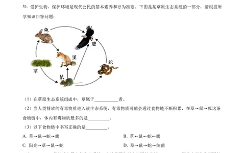 精品解析：2024年黑龙江省绥化市中考生物真题（原卷版）_中考真题_8.生物中考真题2015-2024年_2024年中考生物真题_精品解析：2024年黑龙江省绥化市中考生物真题