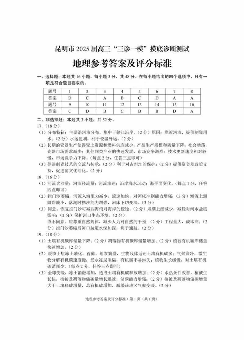 云南省昆明市2025届高三&ldquo;三诊一模&rdquo;摸底诊断测试地理答案_2025年1月_250123云南省昆明市2025届高三&ldquo;三诊一模&rdquo;摸底诊断测试（全科）