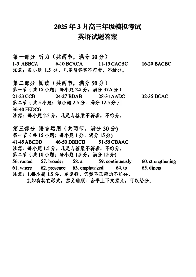 2025年3月济南市高三模拟考试英语答案_2025年3月_250328山东省济南市2025年3月高三模拟考试（济南一模）（全科）_2025年3月济南市高三3月模拟考试英语