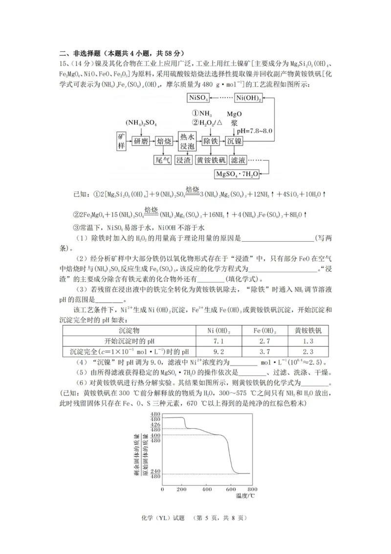 化学（YL）_2025年1月_250107湖南省长沙市雅礼中学2024-2025学年高三上学期1月综合自主测试（期末）_湖南省长沙市雅礼中学2024-2025学年高三上学期1月综合自主测试化学