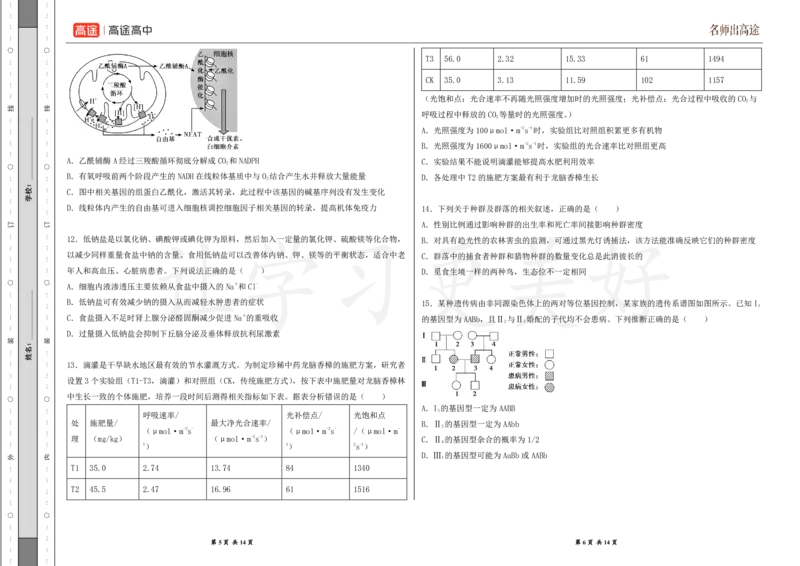 (8.26)-点睛押题卷&mdash;&mdash;吉林卷_2024高考押题卷_132024高途全系列_26高途点睛卷_2024点睛密卷-生物