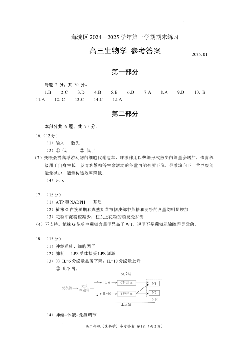 北京市海淀区2024-2025学年上学期高三期末练习生物答案_2025年1月_250125北京市海淀区2024-2025学年上学期高三期末练习试卷（全科）_北京市海淀区2024-2025学年上学期高三期末练习生物