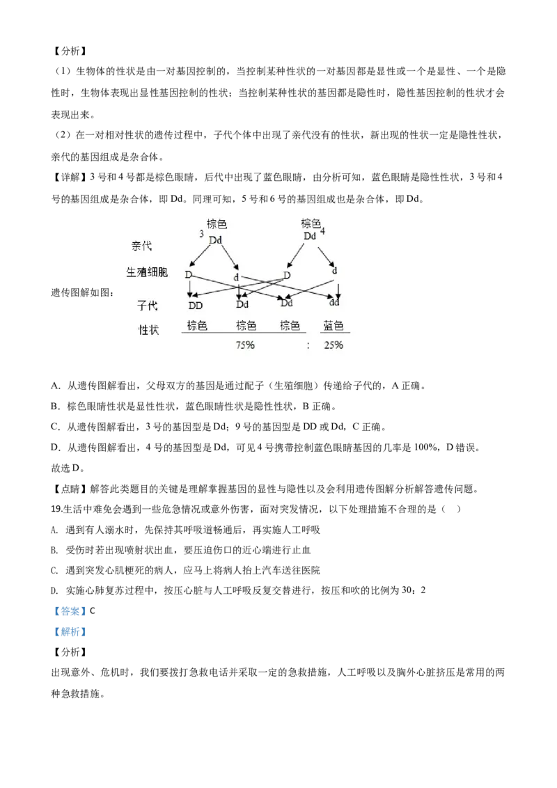 精品解析：湖南省张家界市2020年中考生物试题（解析版）_中考真题_8.生物中考真题2015-2024年_2020生物真题74份_2020年中考真题解析生物(湖南张家界卷)精编word版