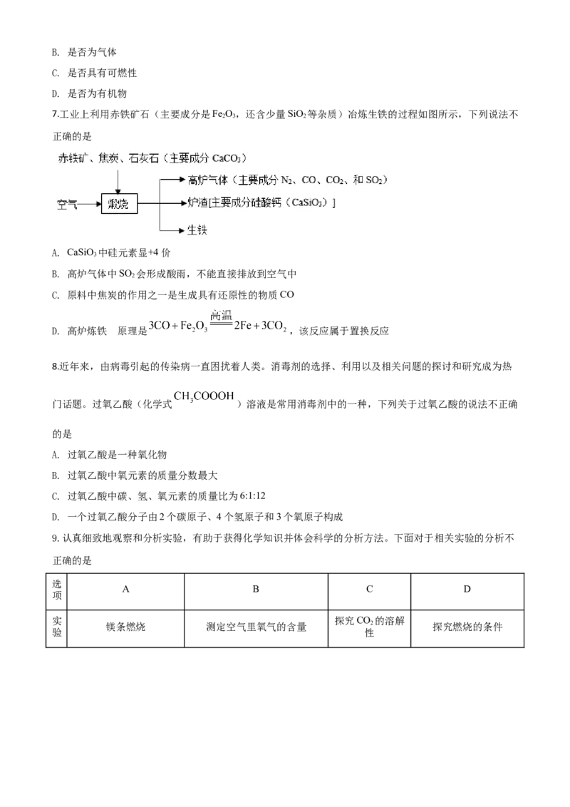 精品解析：宁夏2020年中考化学试题（原卷版）_中考真题_5.化学中考真题2015-2024年_2020中考化学真题（113份）_2020年中考真题精品解析化学（宁夏卷）精编word版