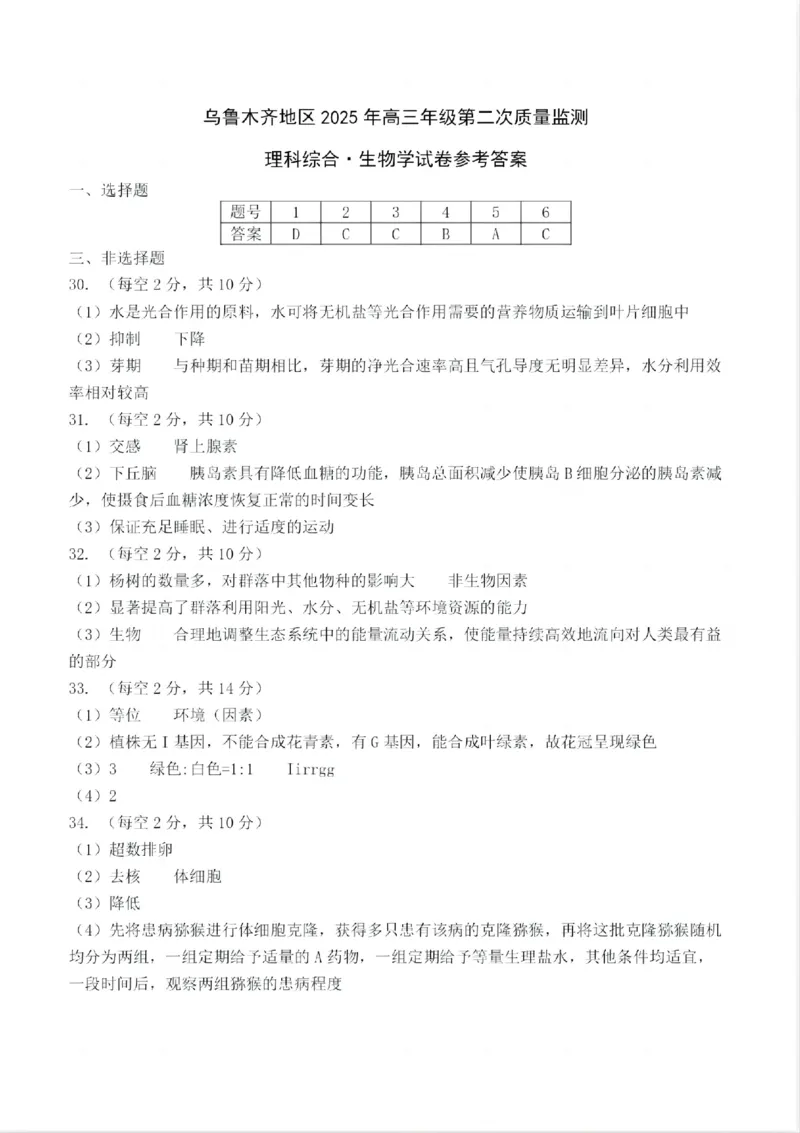 乌鲁木齐地区2025年高三年级第二次质量监测理综生物答案_2025年3月_250326新疆维吾尔自治区乌鲁木齐地区2025年高三年级第二次质量监测（全科）